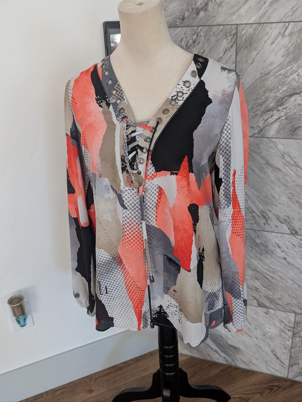 Alfani Abstract Lace-Up V-Neck Blouse in Coral, Gray & Black
